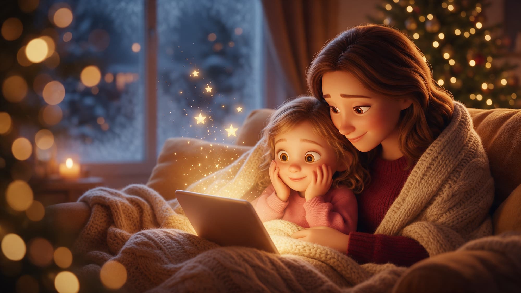 Una mamá y su hija abrazadas en el sofá, la niña sonríe con las manos en las mejillas mientras una luz dorada sale de la tablet