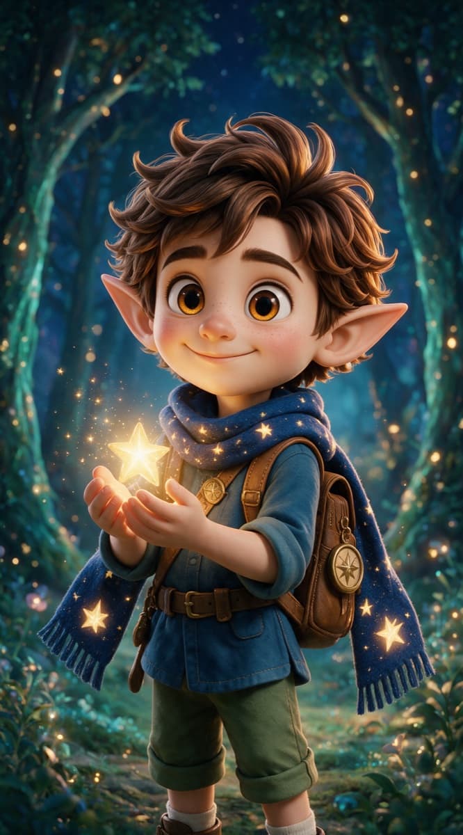 Pip sostiene una pequeña estrella dorada en el bosque